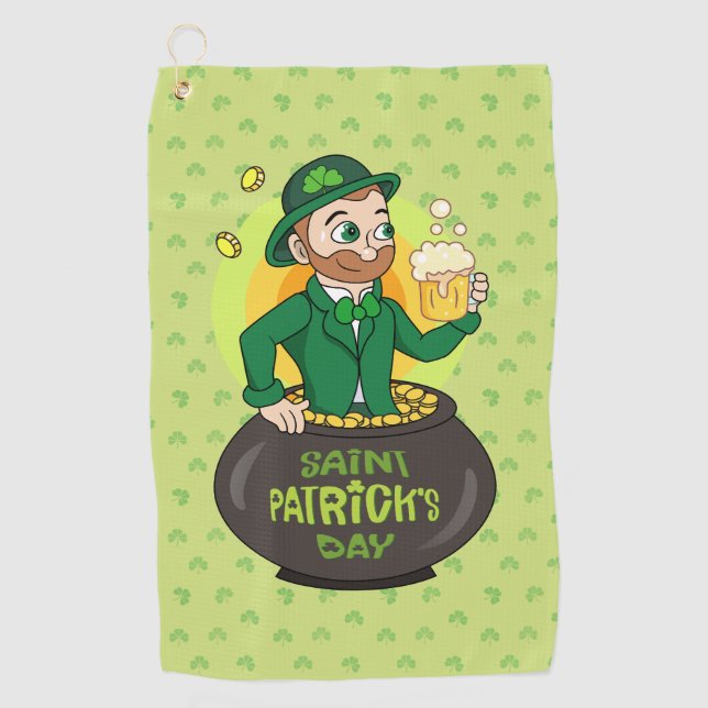 Serviette De Golf Leprechaun de dessin dans une casserole d'or tenan (Devant)