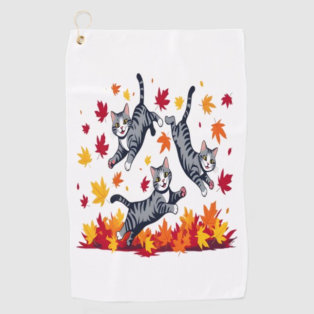 Serviette De Golf Les chats jouent dans les feuilles d'automne (Devant)