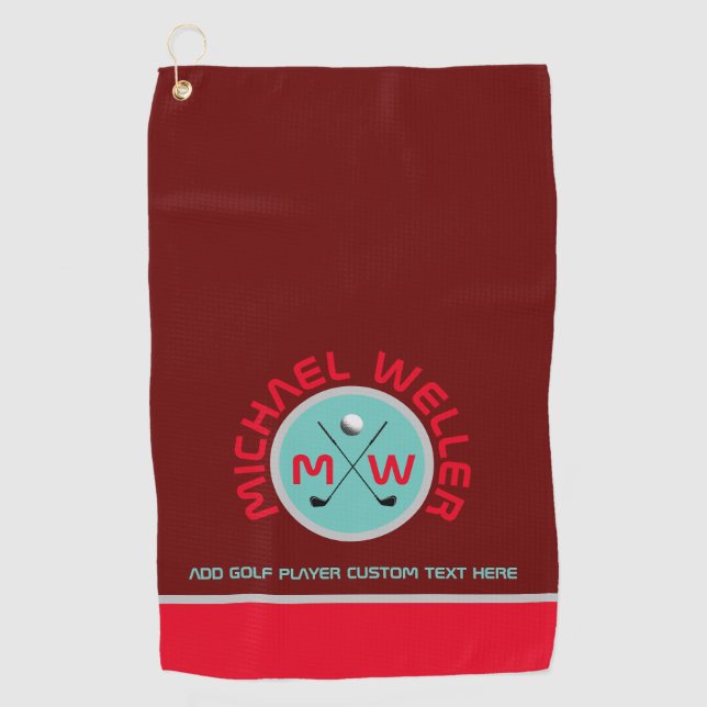 Serviette De Golf logo du nom du golfeur rouge bordeaux (Devant)