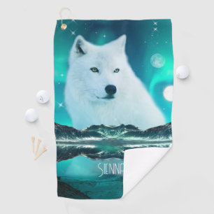 Serviette De Golf Loup arctique et nuit magique avec aurores boréale