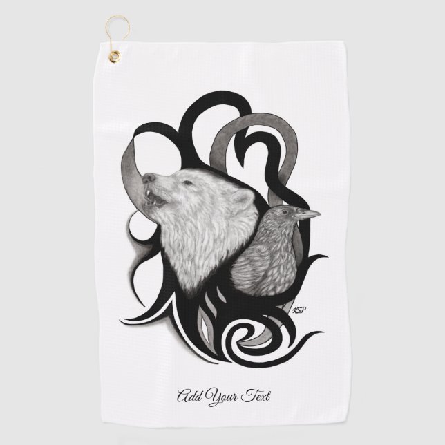 Serviette De Golf Loup blanc avec art tribal coréen (Devant)