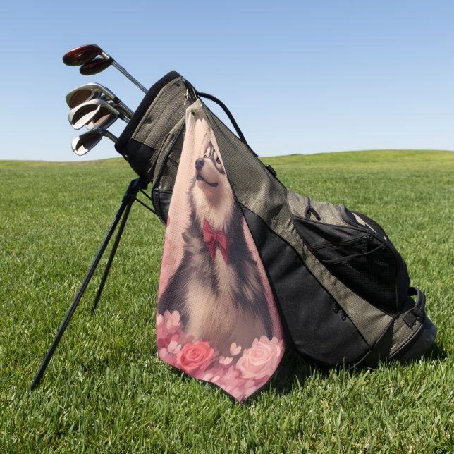 Serviette De Golf Malamute d'Alaska avec Rose - Saint-Valentin (Vert)