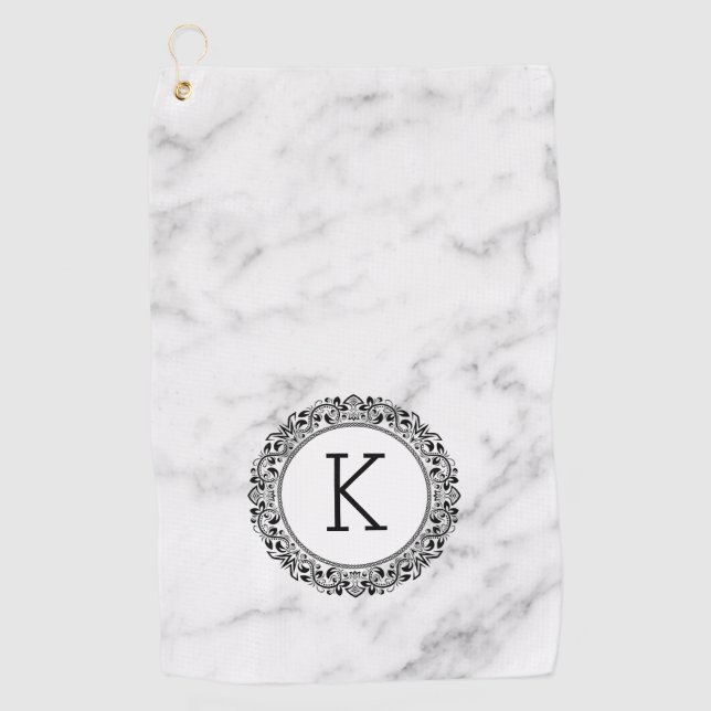 Serviette De Golf Marbre blanc Cercle orné et monogramme (Devant)