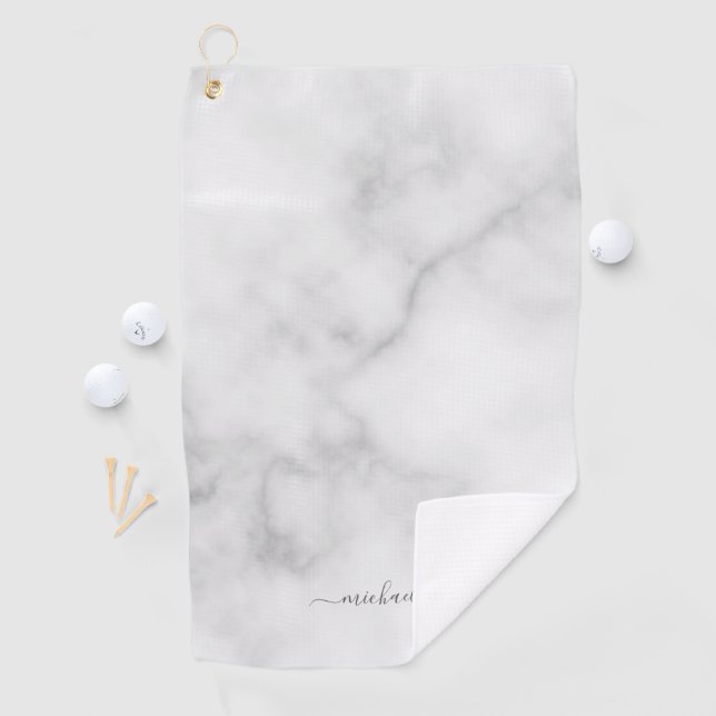 Serviette De Golf Marbre blanc de nom personnalisé de script moderne (En situation)