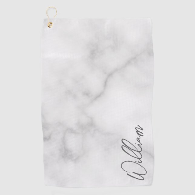 Serviette De Golf Marbre blanc Modern Script Nom personnalisé (Devant)