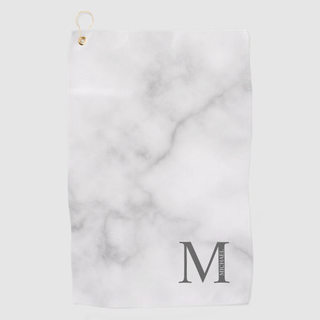 Serviette De Golf Marbre blanc Monogramme personnalisé et nom (Devant)