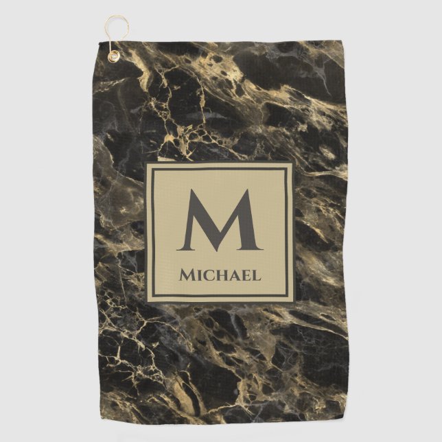 Serviette De Golf Marbre noir et or Luxe Monogramme (Devant)