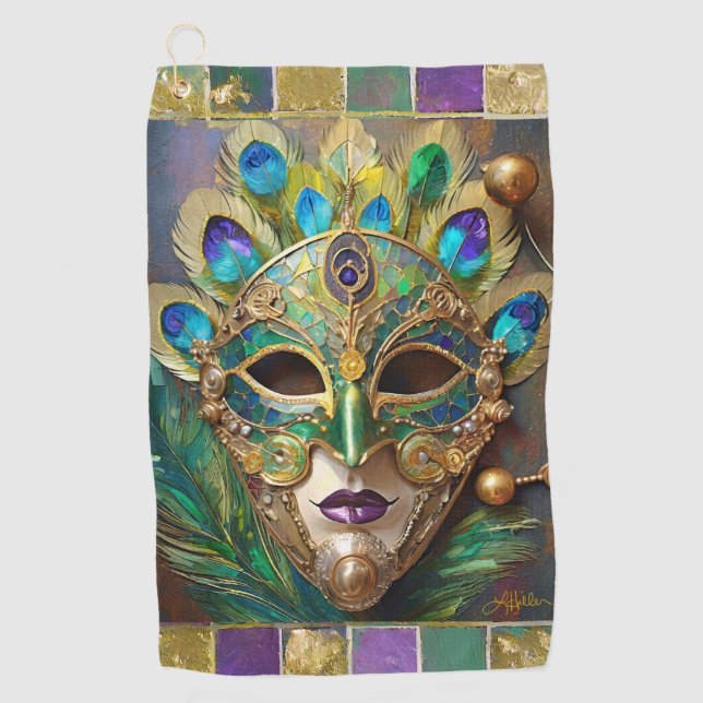 Serviette De Golf Mardi Gras Gold Ceramic Peacock Feature Masque (Devant)