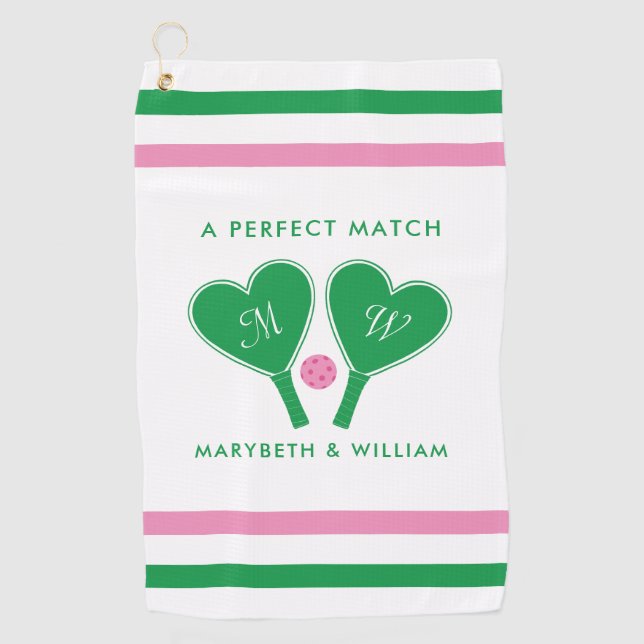 Serviette De Golf Mariage Vert et Rose Prépa Pickleball (Devant)