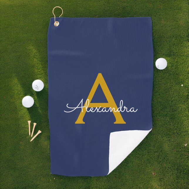 Serviette De Golf Marine Blue Gold Modern Script Girl Monogramme Nom (Créateur téléchargé)