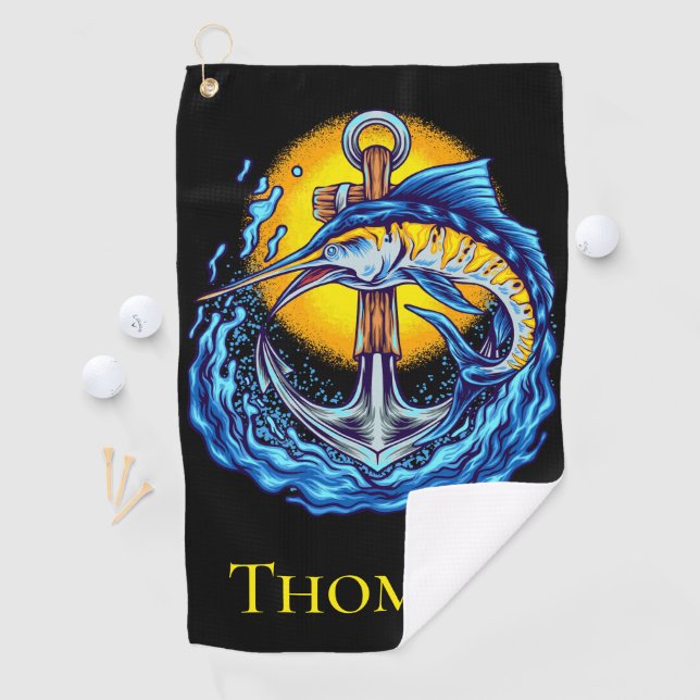 Serviette De Golf Marlin bleu, Ancre, vagues et soleil  (En situation)