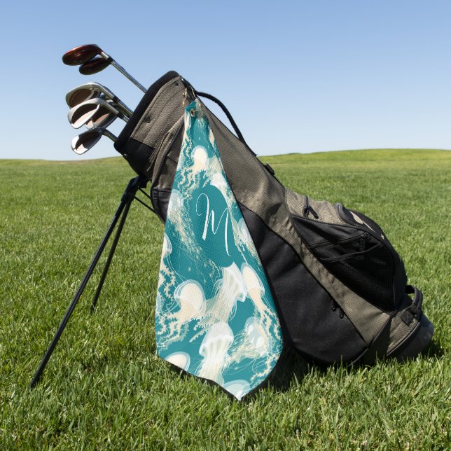 Serviette De Golf Méduse En Bleu Océan Été Saison Monogramme (Vert)