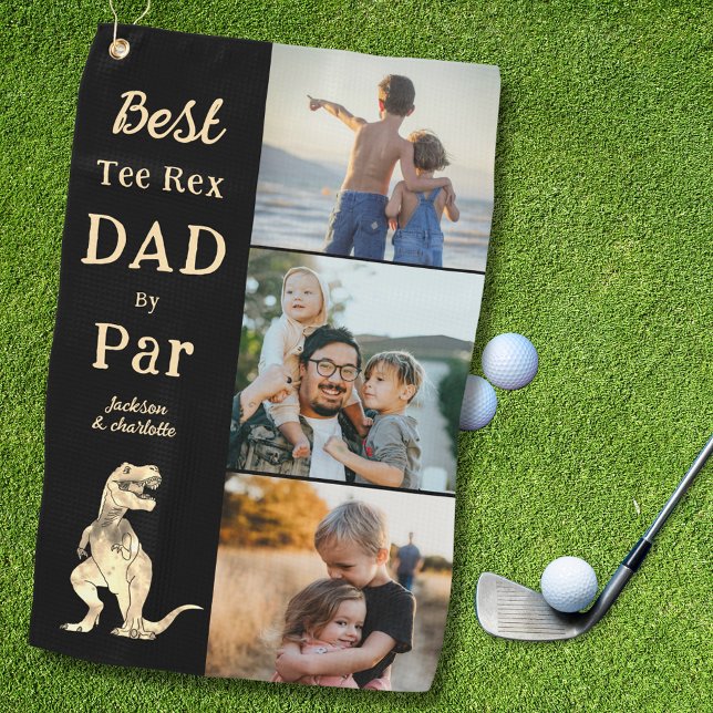 Serviette De Golf Meilleur Papa Tee Rex par Photo Drôle Par 3 (Best tee Rex dad by par 3 photo collage golf towel Kids photographs fathers golfing gift)