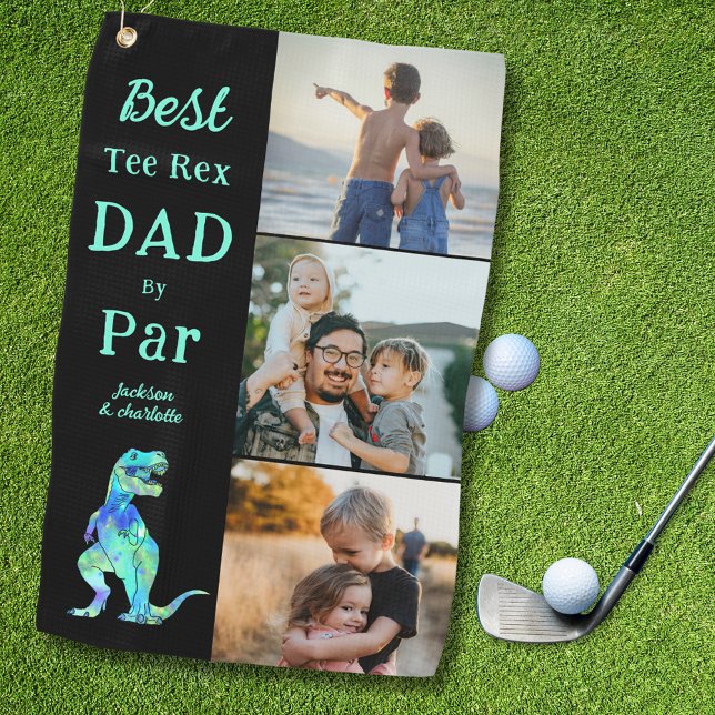 Serviette De Golf Meilleur Tee Rex Papa par Par 3 Photo Funny (Best tee Rex dad by par 3 photo collage golf towel Dinosaur golfing joke for fathers)