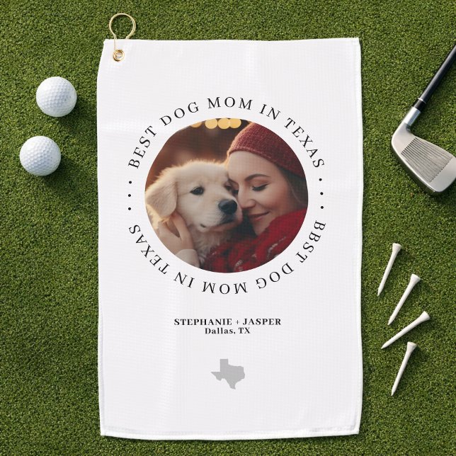 Serviette De Golf Meilleure Maman de Chien au Texas Photo Personnali (Personalize with photo, names (dog mom & dog), city / location)