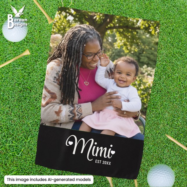 Serviette De Golf Mémé Mimi Création Photo à Texte (MIMI ESTABLISHED Customizable  Photo Grandma Golf Towel for active golf-loving grandmothers.)