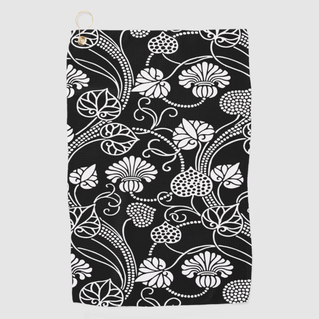 Serviette De Golf Modèle floral antique noir sur blanc (Devant)