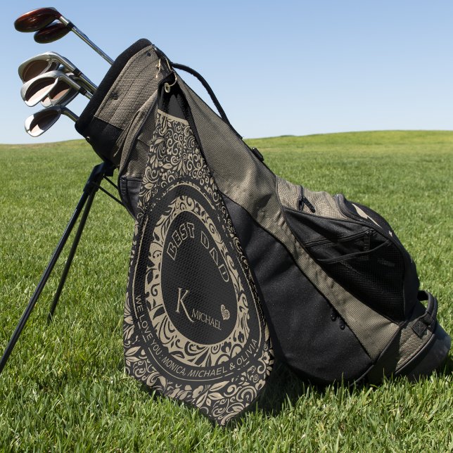 Serviette De Golf Modèle Floral d'or noir personnalisé Monogramme (Personalized Black Gold Floral Pattern Monogram Golf Towe)