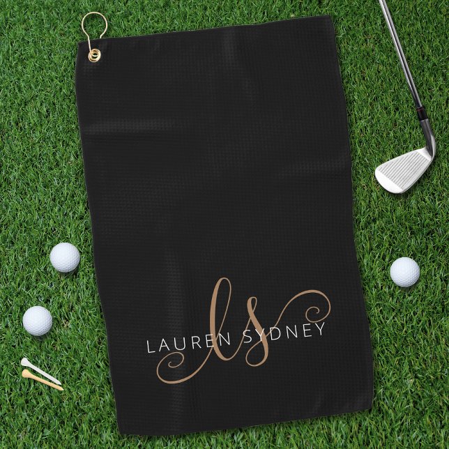 Serviette De Golf Modern Black Gold Feminine Script Monogrammed (Créateur téléchargé)