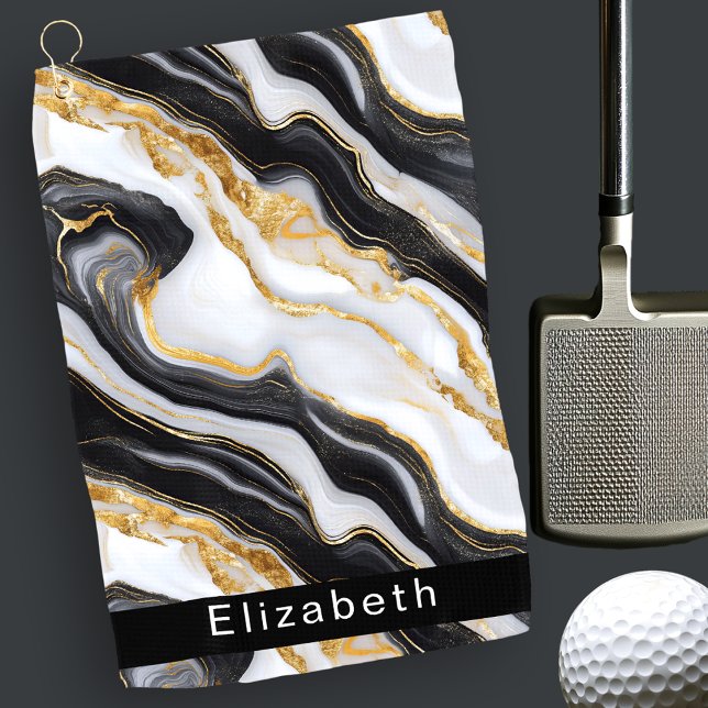Serviette De Golf Modern Black White Gold Marble Personalized (Créateur téléchargé)