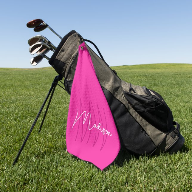 Serviette De Golf Moderne écriture de nom à monogramme rose (Vert)
