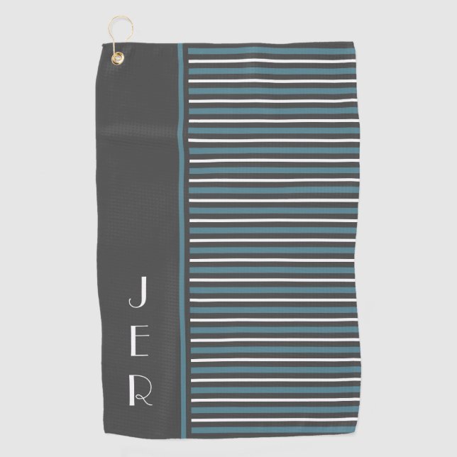 Serviette De Golf Moderne golf monogrammé rayures grises et turquois (Devant)