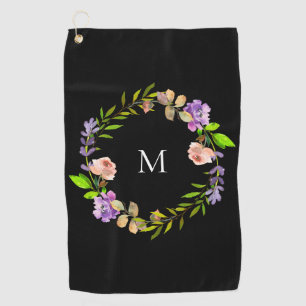 Serviette De Golf Moderne Purple Pêche Noir Floral Wreath Monogramme