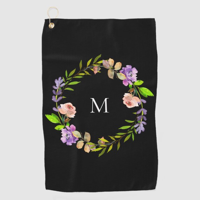 Serviette De Golf Moderne Purple Pêche Noir Floral Wreath Monogramme (Devant)