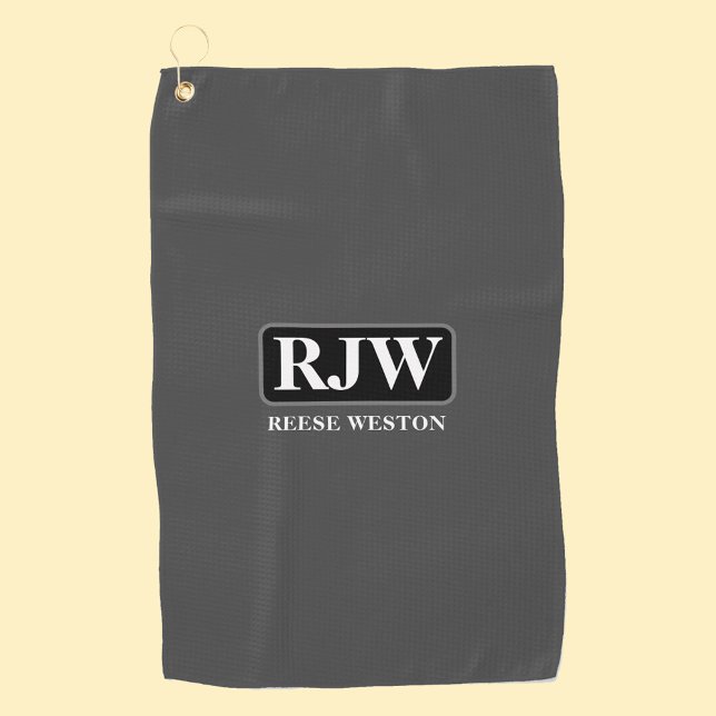Serviette De Golf Monogramme blanc à l'intérieur de la bordure gris, (Créateur téléchargé)