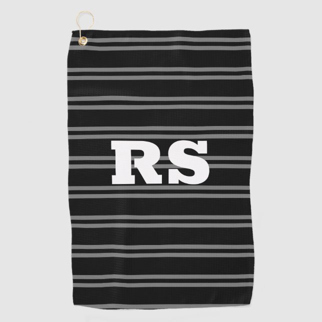 Serviette De Golf Monogramme blanc gras, lignes grises sur noir (Devant)