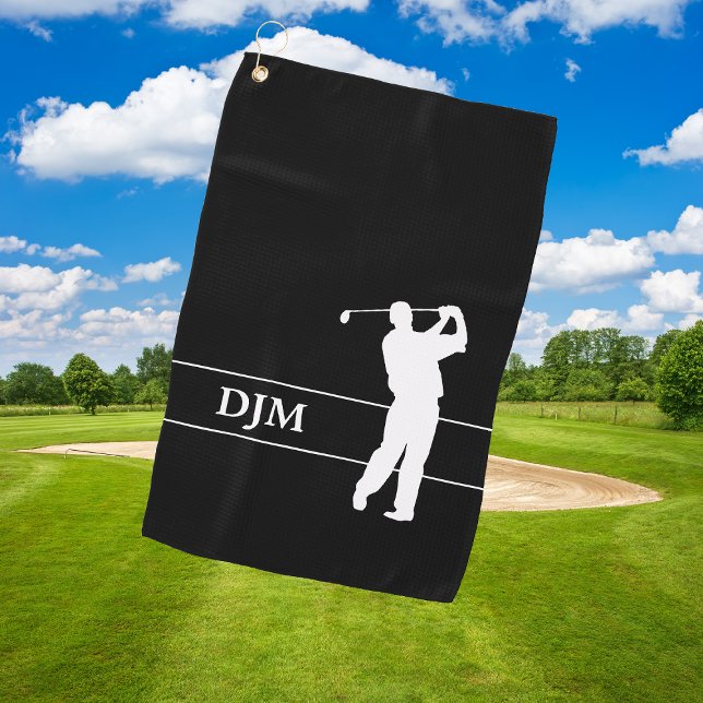 Serviette De Golf Monogramme blanc sur Noir Silhouette Golfer (Créateur téléchargé)