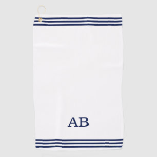 Serviette De Golf Monogramme bleu et trois bandes sur fond blanc