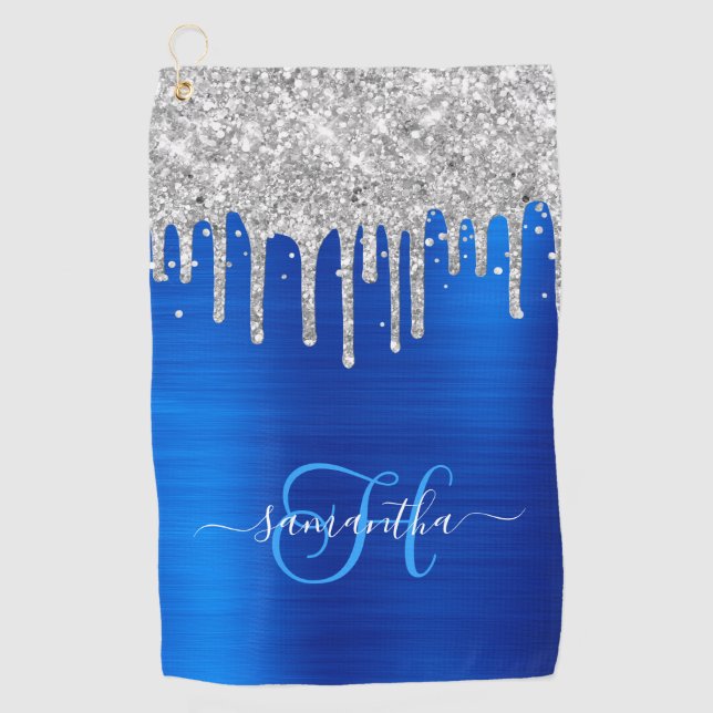 Serviette De Golf Monogrammé bleu royal et paillettes argentées qui  (Devant)
