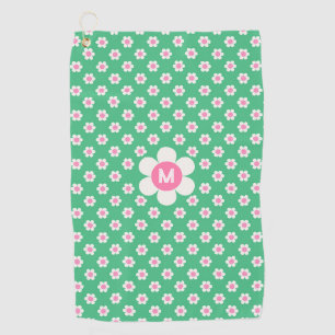 Serviette De Golf Monogramme Custom Retro Daisis rose et vert