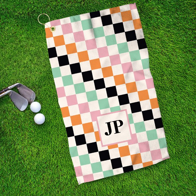 Serviette De Golf Monogramme Damier Rétro Monogramme Personnalisé (Créateur téléchargé)