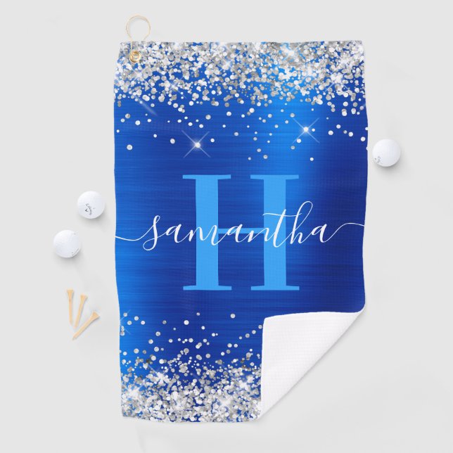 Serviette De Golf Monogramme d'argent de la Glitterie et Royal Blue  (En situation)