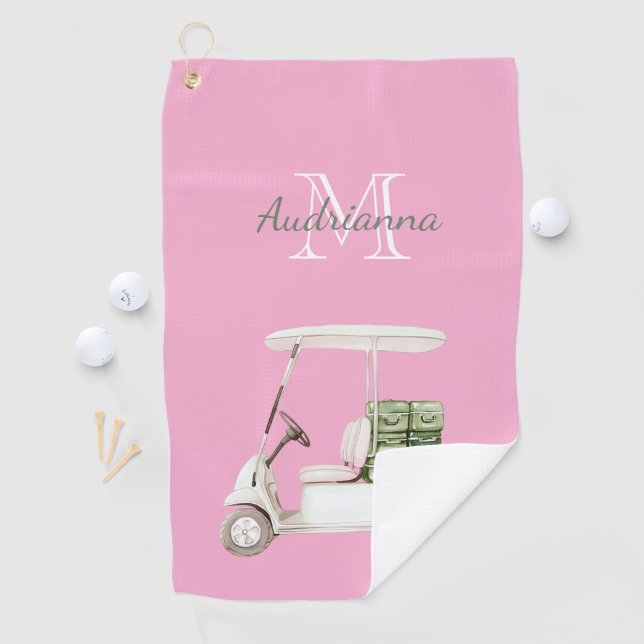 Serviette De Golf Monogramme de chariot de golf rose vert blanc (En situation)