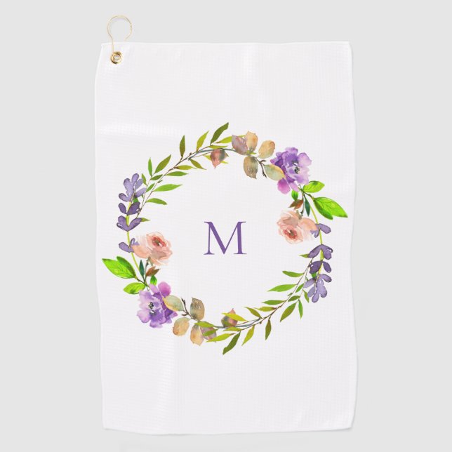Serviette De Golf Monogramme de couronne de fleurs violettes moderne (Devant)