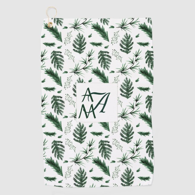 Serviette De Golf Monogramme de feuilles vertes de forêt 3 Initiales (Devant)