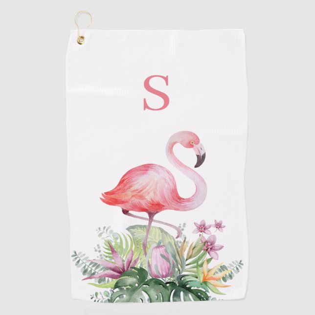Serviette De Golf Monogramme de Flamant rose rose tropical (Devant)