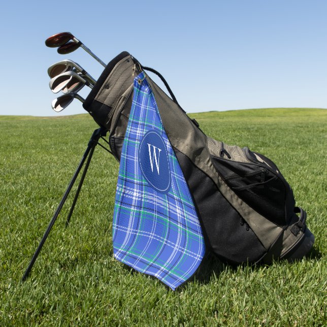 Serviette De Golf Monogramme de golf Blue & Green Plaid (Vert)