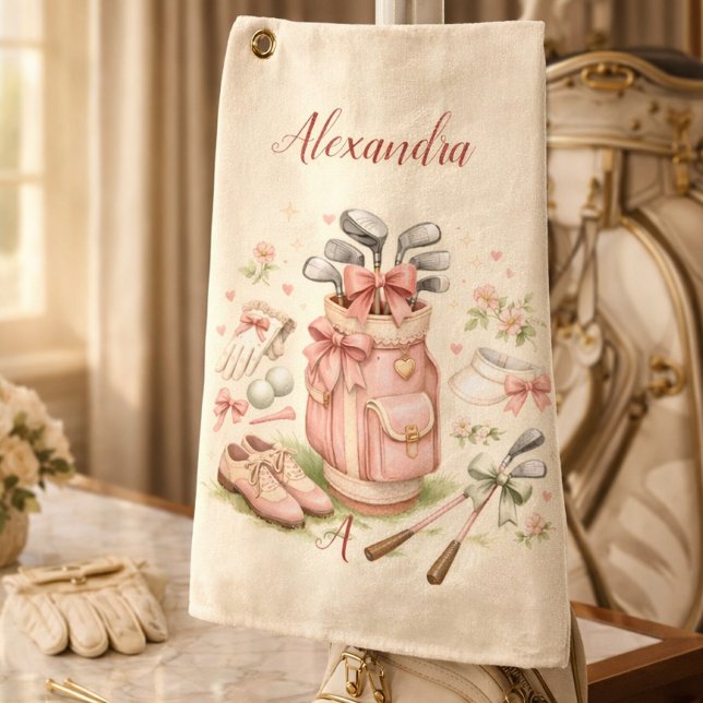Serviette De Golf Monogramme de golf Coquette rose personnalisé (Créateur téléchargé)