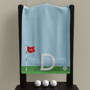 Serviette De Golf Monogramme de golfeur du 18e trou bleu et vert
