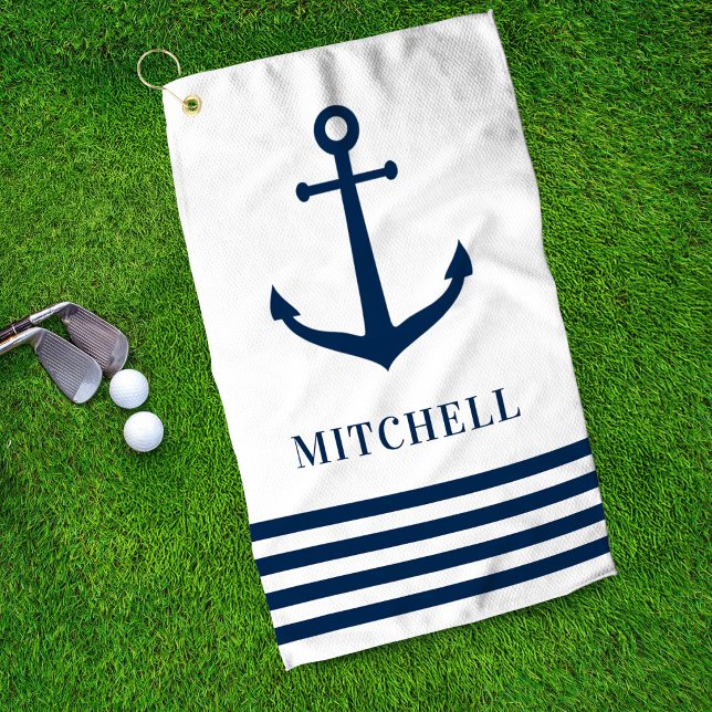 Serviette De Golf Monogramme de nom à rayure d'ancre blanche nautiqu (Créateur téléchargé)