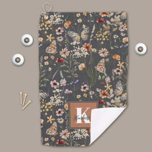 Serviette De Golf Monogramme de nom floral Boho moderne