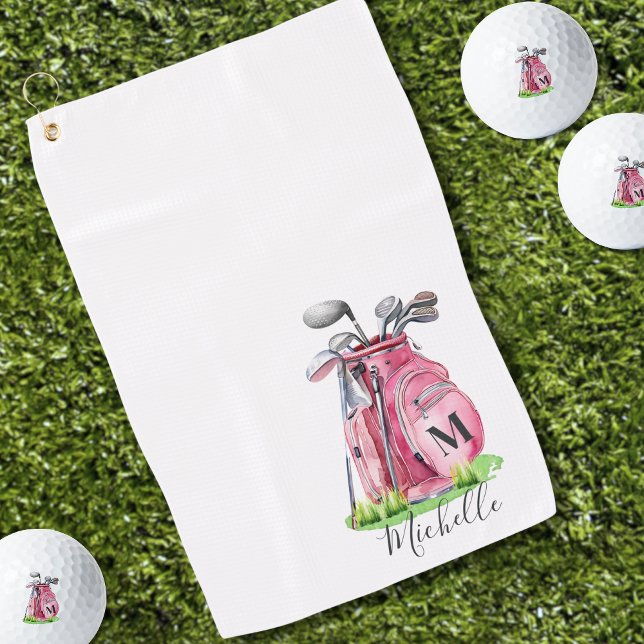 Serviette De Golf Monogramme de nom initial rose (Pink Initial Name Monogram Golf Towel)