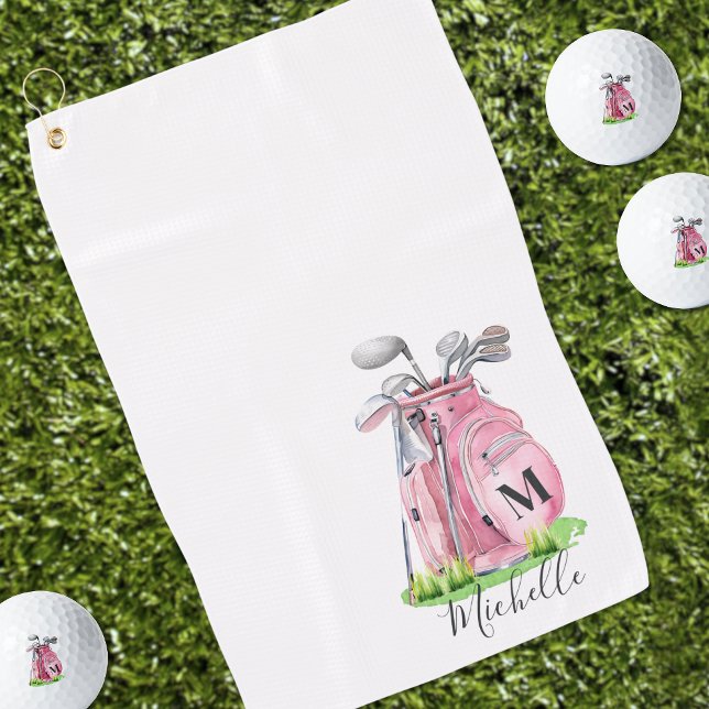 Serviette De Golf Monogramme de nom initial rose féminin (Girly Pink Initial Name Monogram Golf Towel )