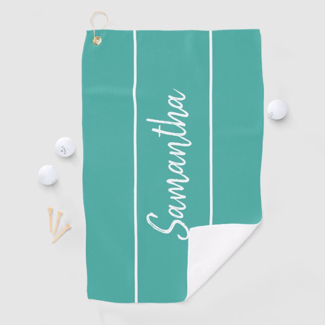 Serviette De Golf Monogramme de script de lettres Turquoise vert mod (En situation)