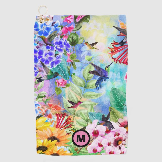 Serviette De Golf Monogramme des colibris et des fleurs (Devant)