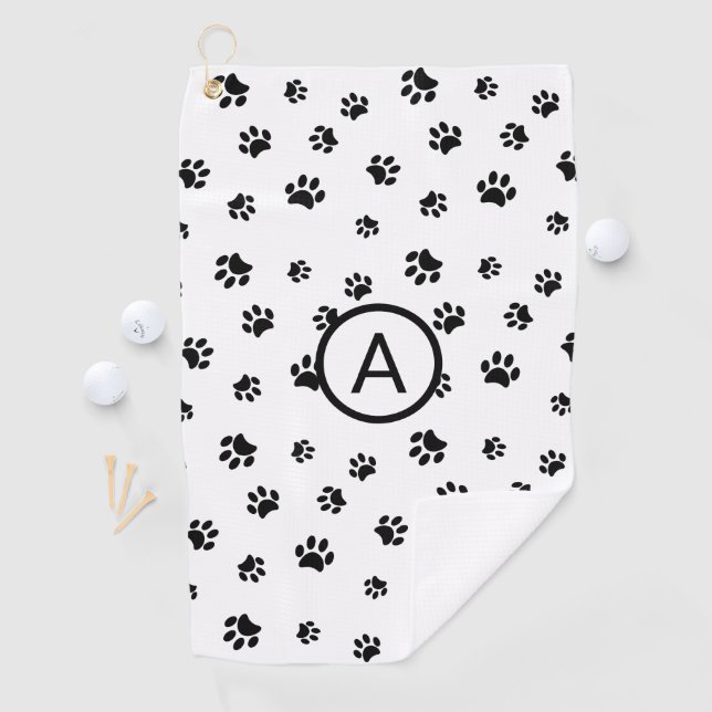 Serviette De Golf Monogramme des Empreintes de pattes blancs et noir (En situation)